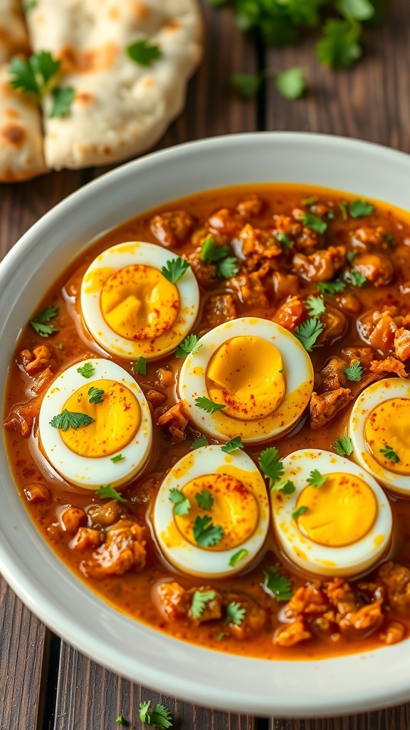 Spiced onion egg boil with halved eggs in onion spice mixture, garnished with cilantro on a rustic table.